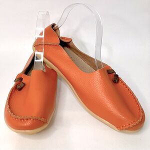 Orange Leather Flat Loafers Women Size 42 Slip On Rubber Sole